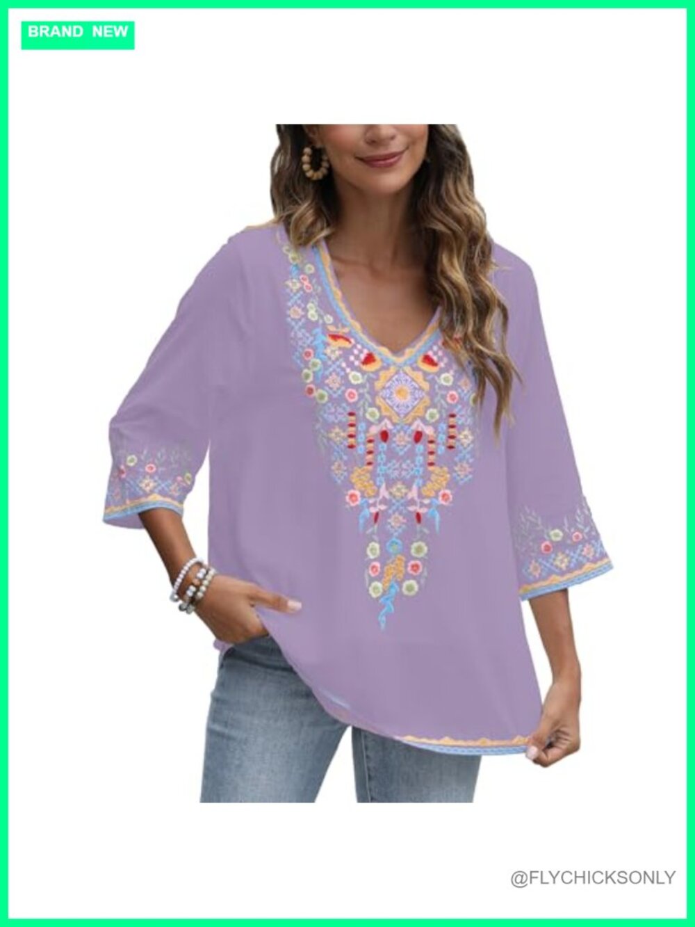 Mexican Embroidered Peasant Tunic Top 3/4 Sleeve V Neck Bohemian Blouse